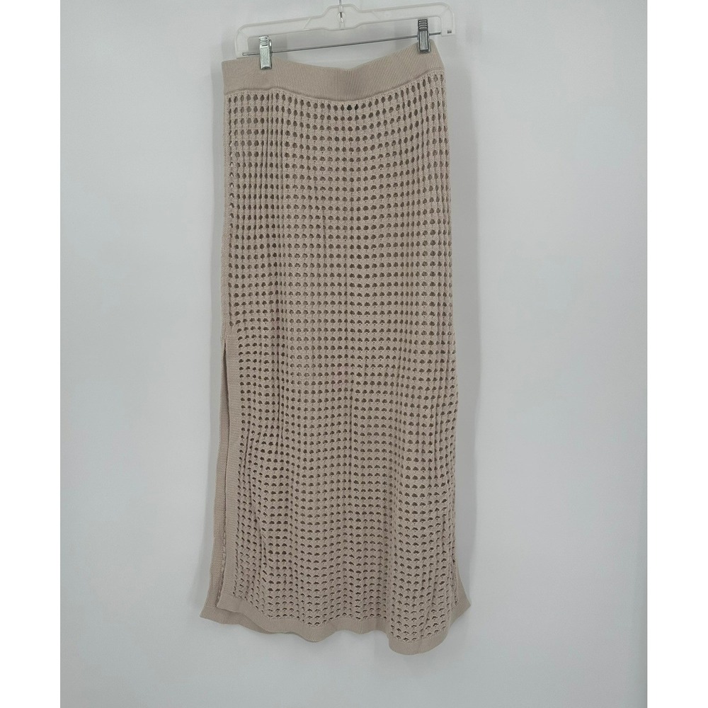 Lands End Womens Boho Crochet Skirt Size L Open Knit Side Slit Resort Minimalist